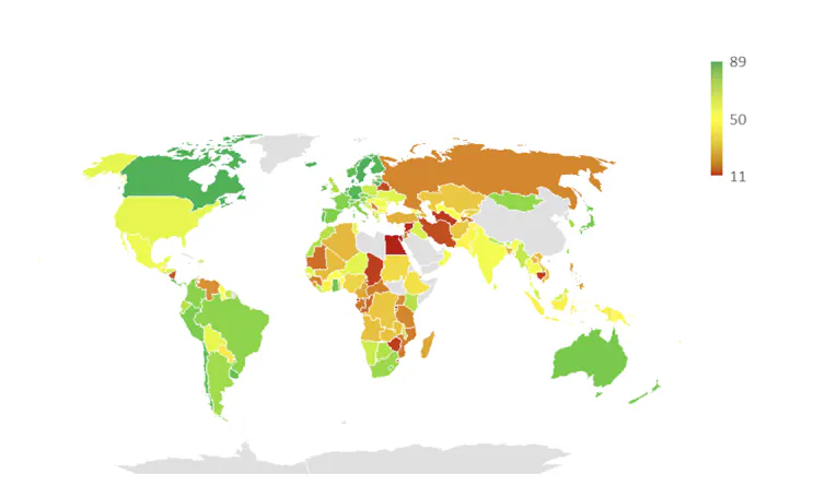 A map showing how the quality of elections around the world in 2024.