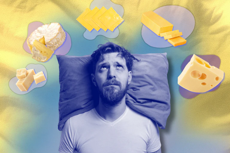 A composite image showing a man in bed surrounded by thought bubbles of different cheeses.