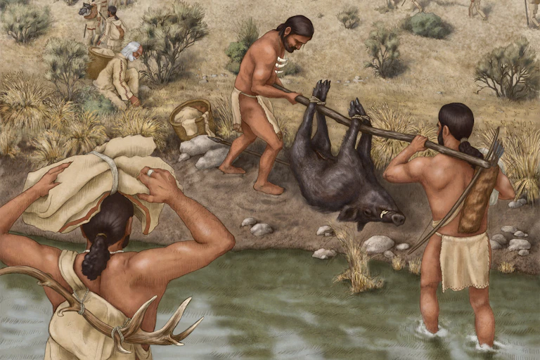 Illustration showing people carrying wild boars in mountainous terrain.