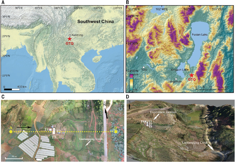 Maps showing the location of Gantangqing in China and the excavated locations in Gantangqing.