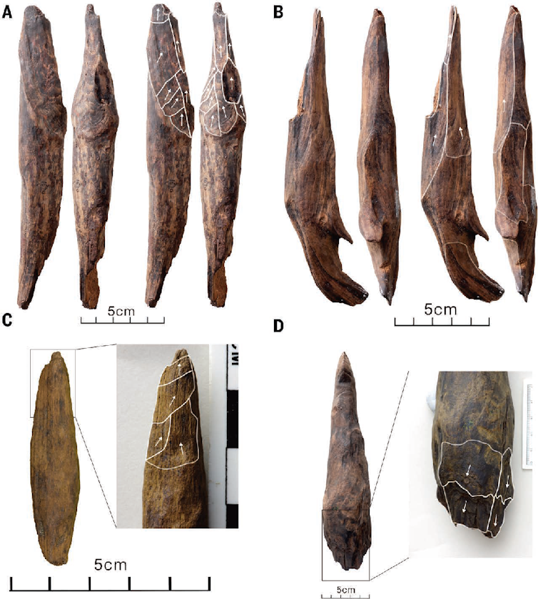Photo of several different crude wooden tools.
