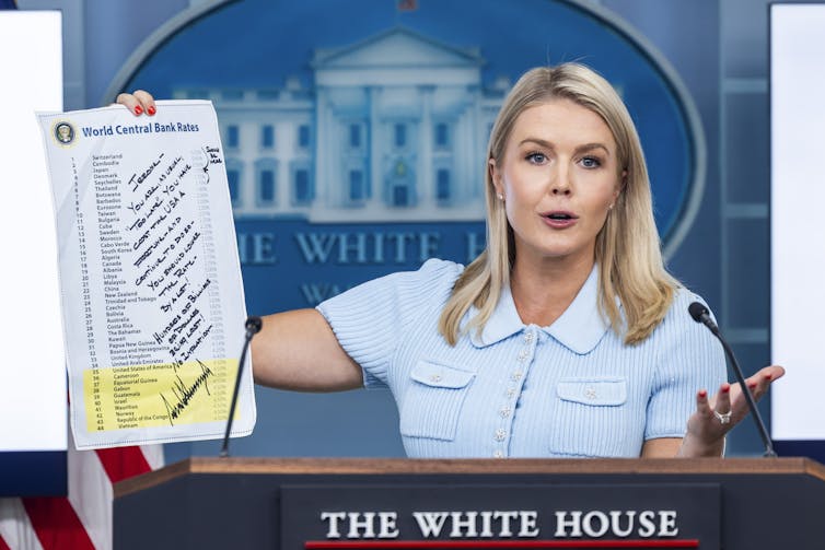 White House Press Secretary Karoline Leavitt holds up a letter she said US President Donald Trump sent to Chair of the Federal Reserve Jerome Powell