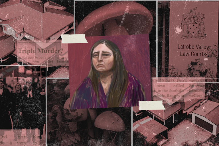 Red-tinted composite image featuring a courtroom sketch of Erin Patterson