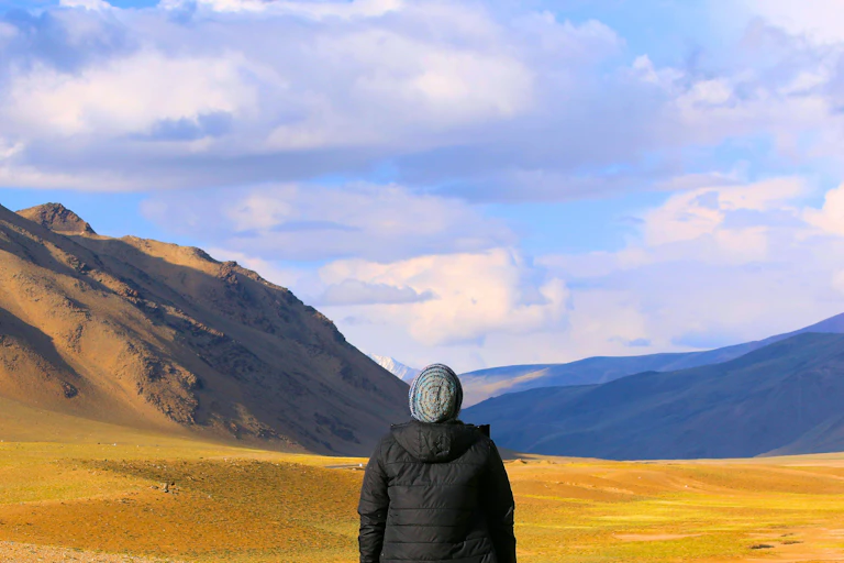 A person in a knitted hat looking across a vivid yellow landscape with slightly surreal colours.