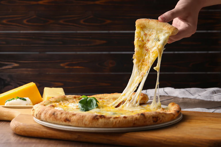 A very cheesy pizza.
