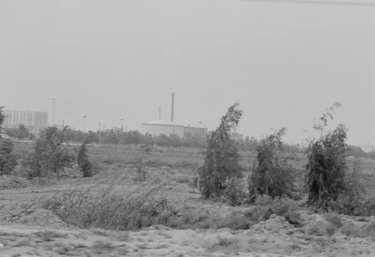 A black and white image shows a structure in the background and some trees in the foreground.