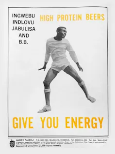 An advert showing a man in sports clothing in motion with phrases High protein beer and Give you energy
