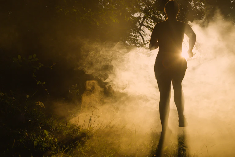 Silhouette of a woman running outdoors in hazy air