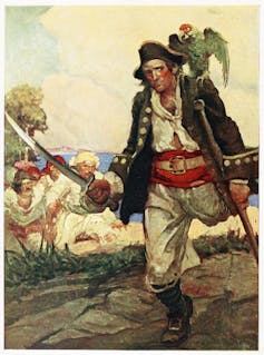 painting of one-legged pirate with parrot on shoulder holds a sword