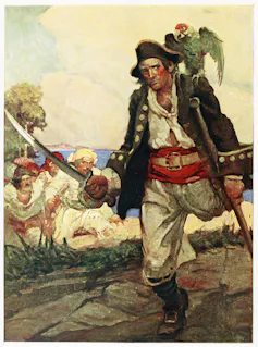painting of one-legged pirate with parrot on shoulder holds a sword