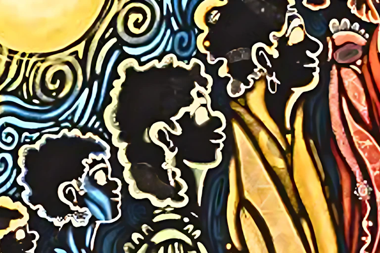 Indigenous figures drawn against a large sun
