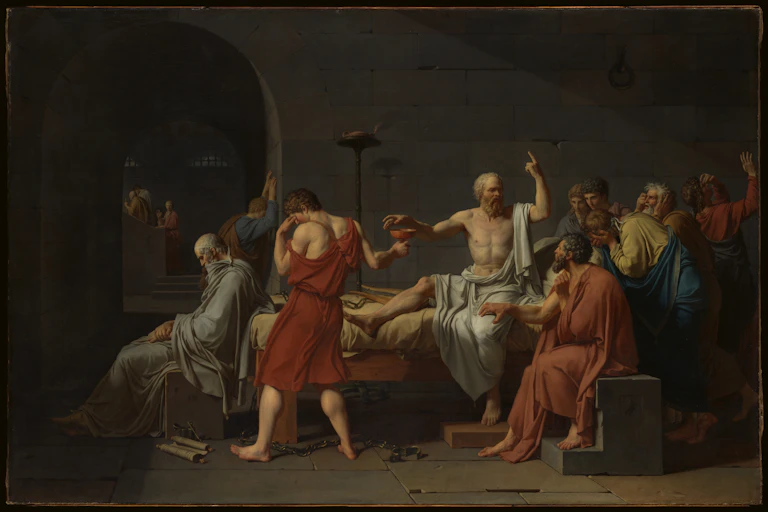 A painting depicts the death of Socrates; Athenians voted for him to be killed.
