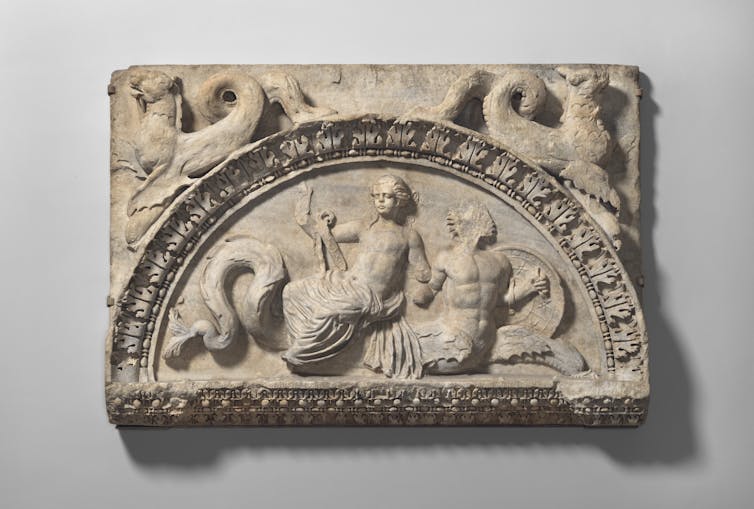 This carving derives from a passage in The Iliad that describes the nereid Thetis, mother of the hero Achilles, and other nereids carrying newly forged armour to her son.