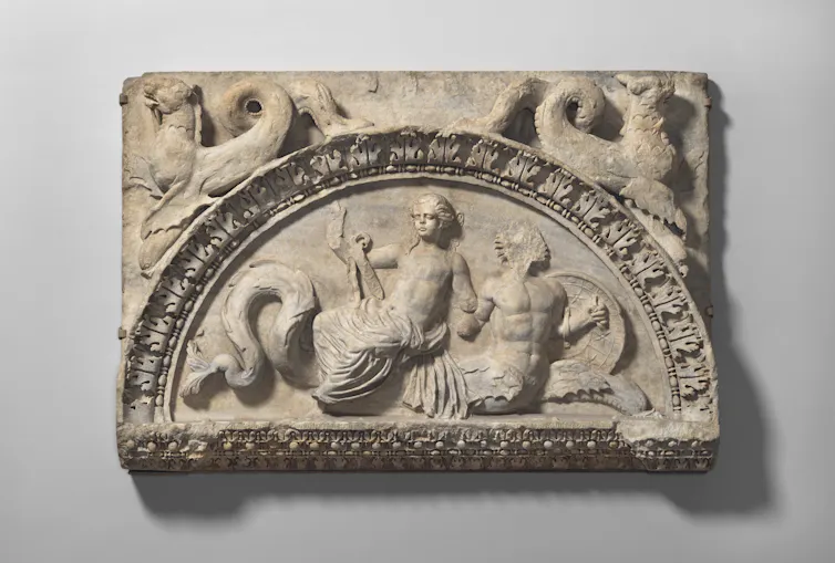 This carving derives from a passage in The Iliad that describes the nereid Thetis, mother of the hero Achilles, and other nereids carrying newly forged armour to her son.