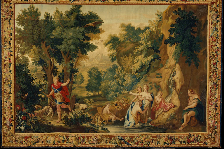 This hanging illustrates the moment when Acteon, having accidentally seen the goddess Diana and her nymphs bathing, begins to change into a stag.