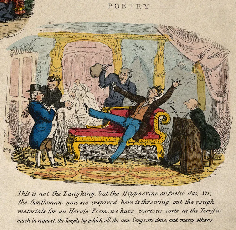 gravure représentant des poètes composant des vers sous l’influence de gaz analogues au gaz hilarant.