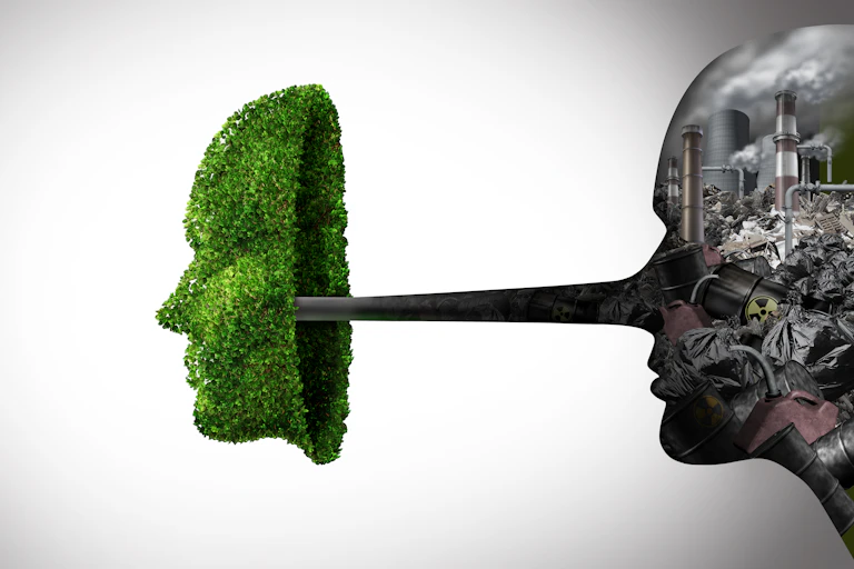 A graphic of a shape of a face filled with polluting industry, a long nose and then another face, the public face, is green and grassy