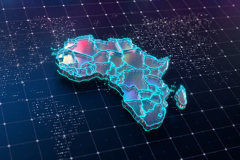 A stylized digital map of Africa with neon colors