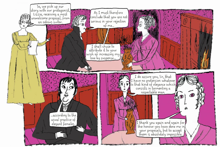 A pink and black page from The Novel Life of Jane Austen