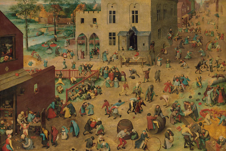 Painting: from a bird's eye view one looks out over a wide square. Over 230 children are engaged in 83 different games.