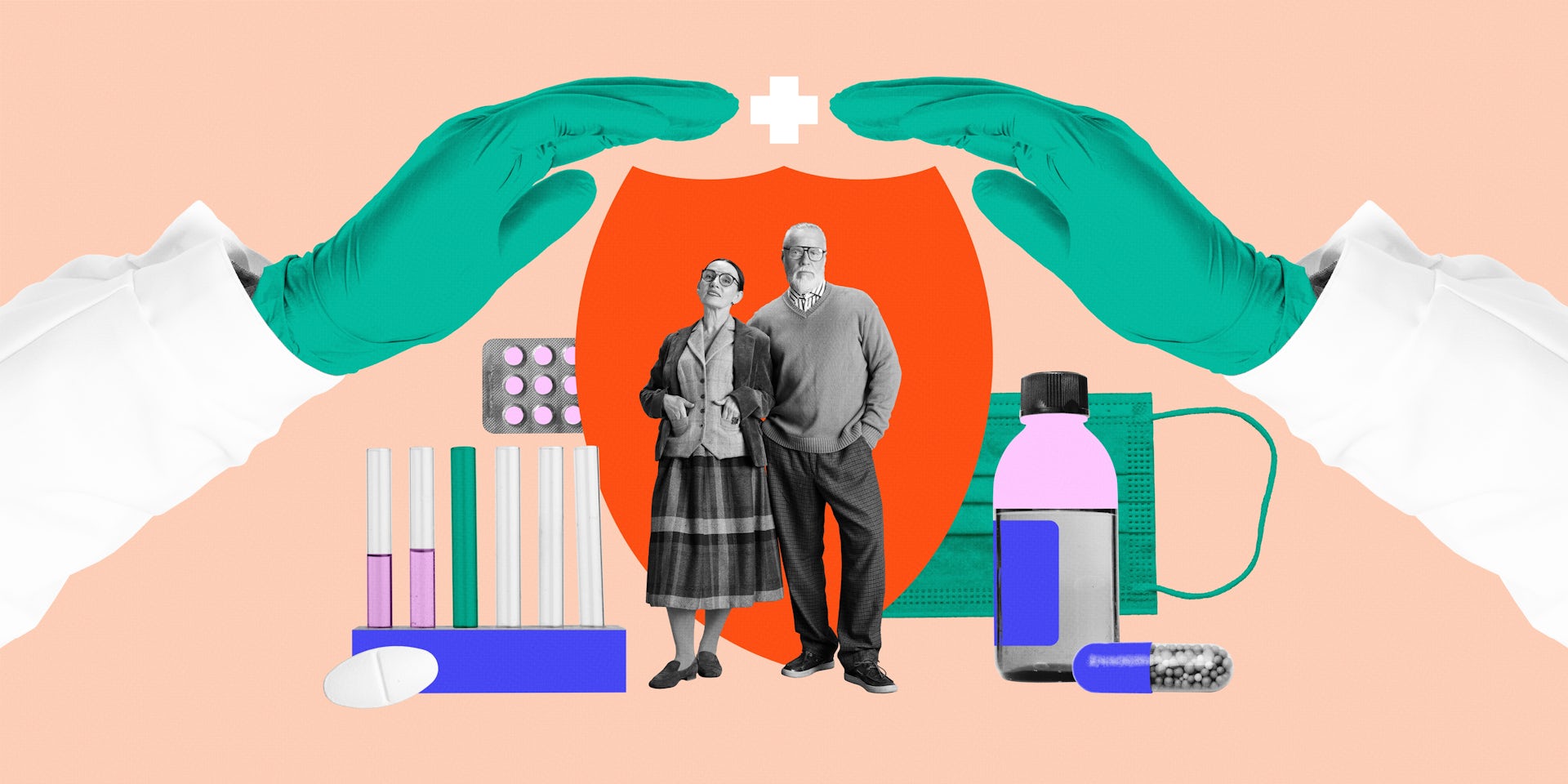 Ilustración de una pareja de ancianos rodeados de elementos relacionados con la medicina