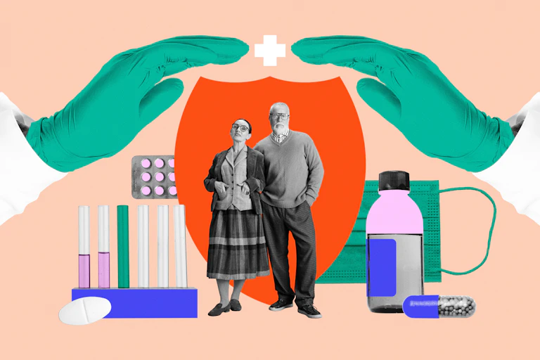 Ilustración de una pareja de ancianos rodeados de elementos relacionados con la medicina