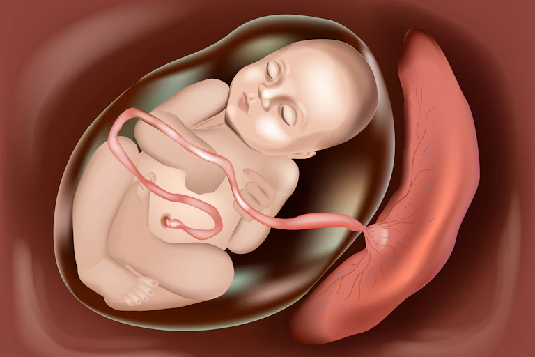 Ilustración de un bebé en gestación conectado por el cordón umbilical a la placenta