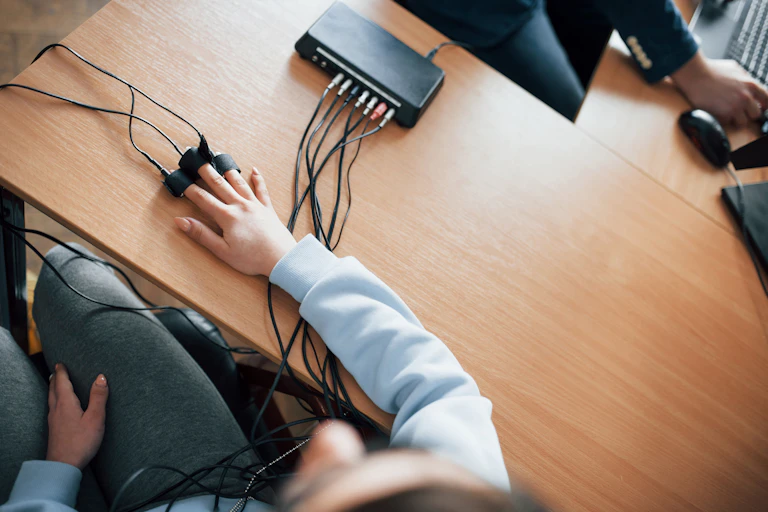 A woman's three fingers on right hand, resting on a table, are connected to a polygraph machine.