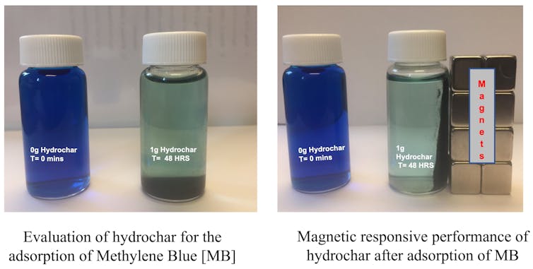 Two vials of water, one a bright blue and one more clear.