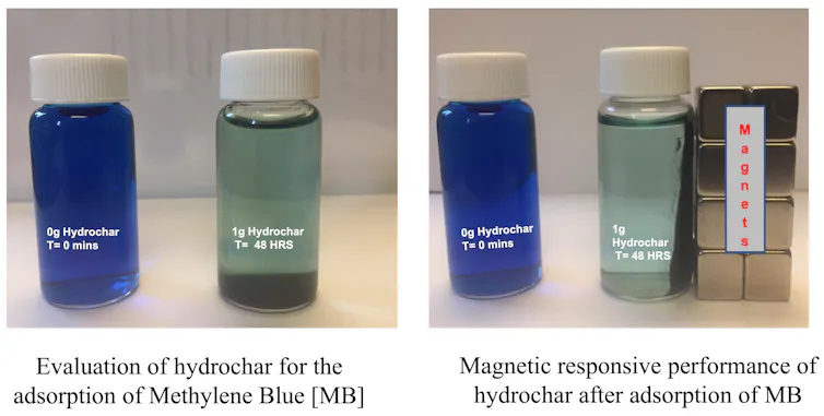 Two vials of water, one a bright blue and one more clear.