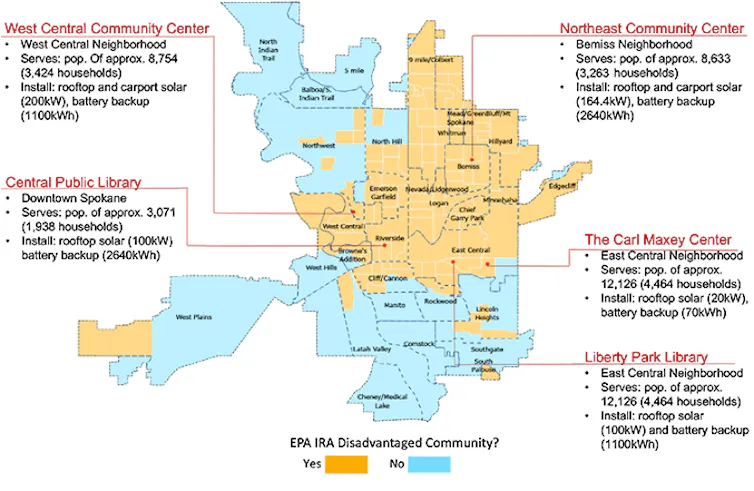 The locations and plans for five resilience hubs to serve Spokane, and the infrastructure they would receive.