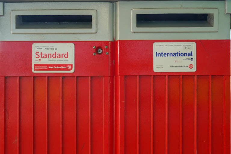 Red mailboxes, one for standard post and one for international