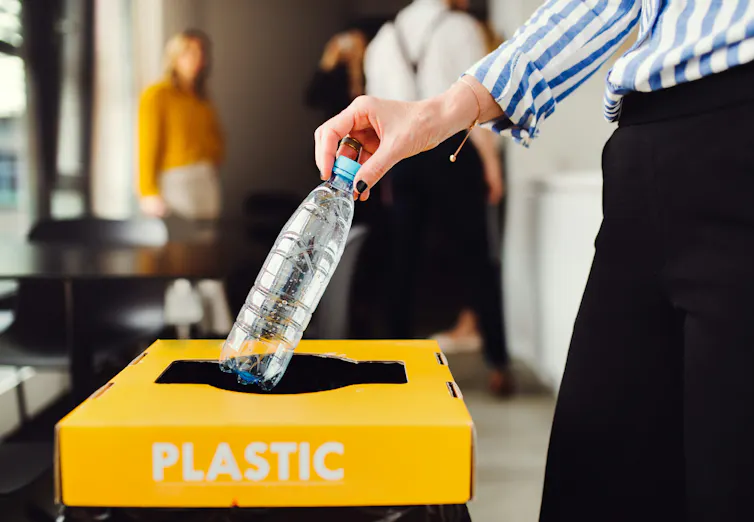 close up of a woman's hand placing a plastic bottle into a bin labeled