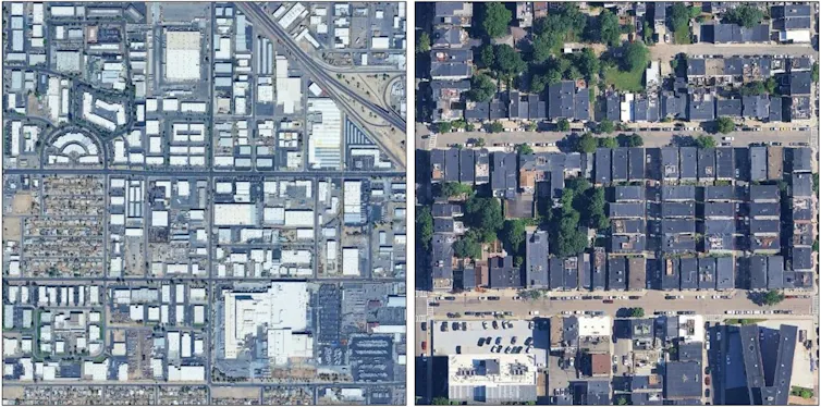 Two aerial images show very different building coloring in two cities.