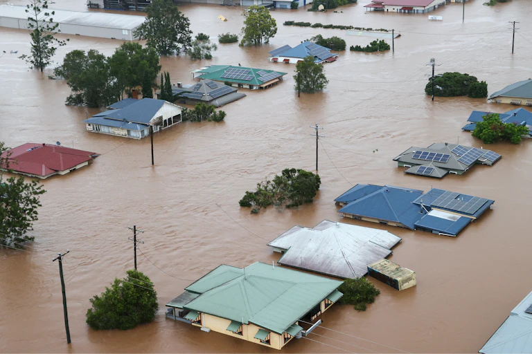 A supplied image shows flood-affected properties in Lismore, NSW on Monday, February 28, 2022