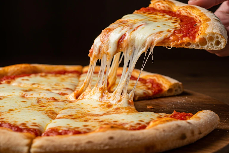 Una mano coge una porción de pizza rebosante de queso