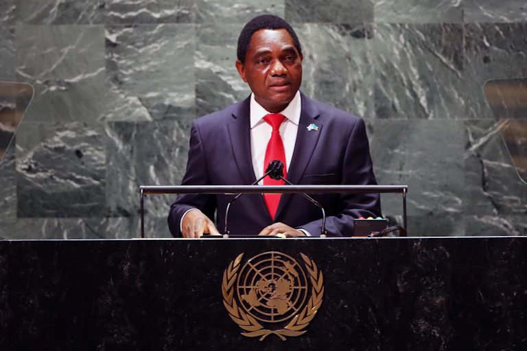 Zambia's president, Hakainde Hichilema, addressing the UN General Assembly.
