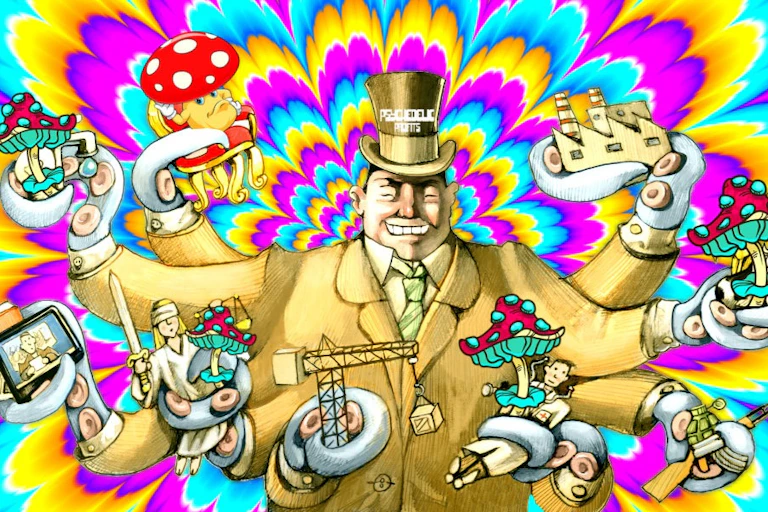 Une illustration colorée représentant un homme corpulent coiffé d'un chapeau sur lequel est inscrit « profits psychédéliques ». L'homme a plusieurs bras. Chaque bras tient un objet ressemblant à un champignon rouge, un bâtiment, un écran, une grue et une usine.