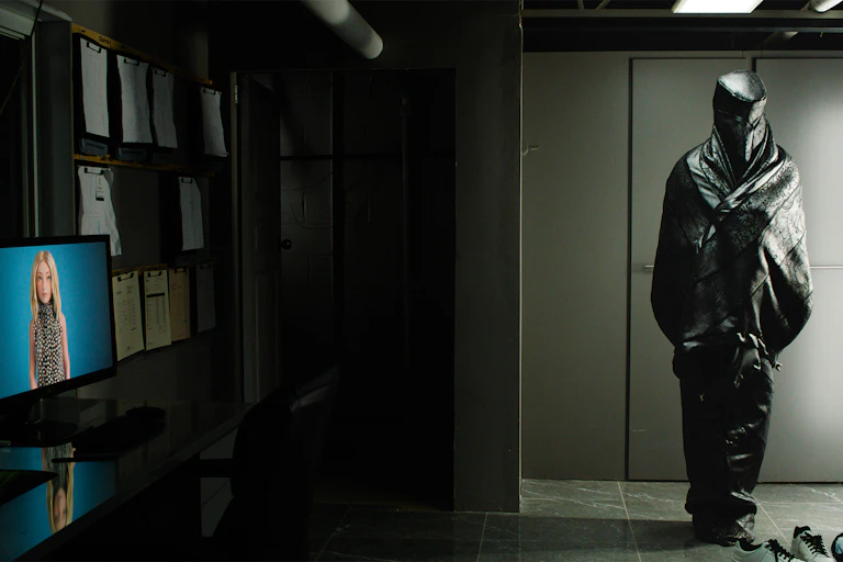 A strange shroud like outfit hanging in a semi-darkened room with a computer screen lit up and showing a blonde AI assistant.