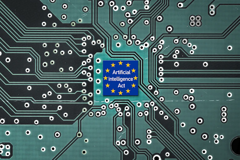 Circuito electrónico con una bandera de la UE en el centro en la que se puede leer "Artificial Intelligence Act"