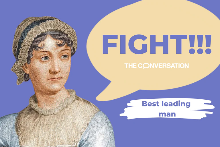Image of Jane Austen with a speech bubble saying 'fight!'