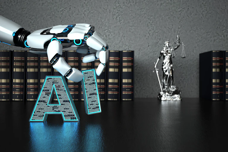 Una mano robótica coloca las letras "AI ". Al fondo, una estatua con el símbolo femenino de la justicia y libros de leyes