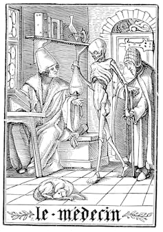 A black and white illustration os medieval physicians being visited by the physical form of death.