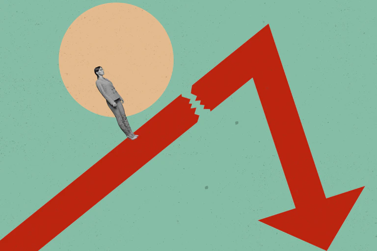 A woman standing on an upward arrow, which suddenly breaks