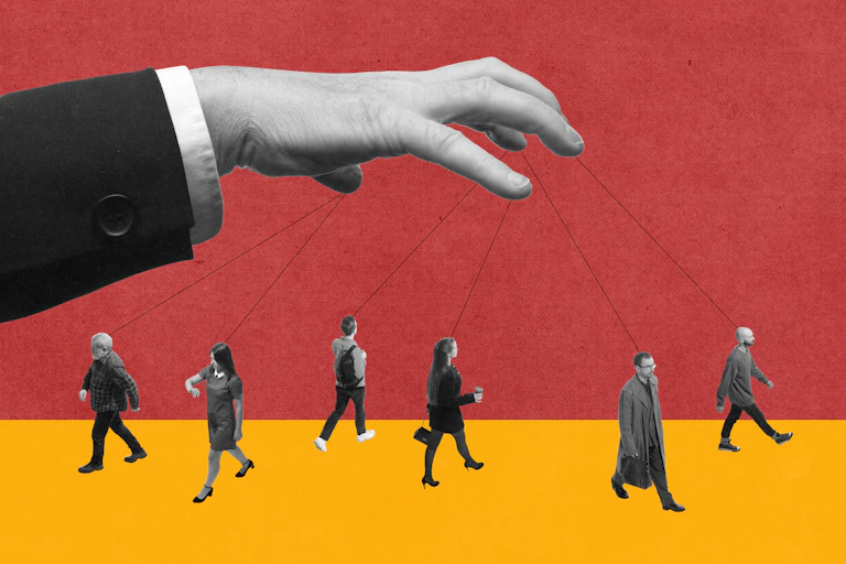A giant hand in business suit holding string connecting to people, showcasing manipulation, pressure and control of society.
