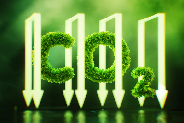 Imagen del símbolo del CO2 con aspecto vegetal y flechas hacia abajo