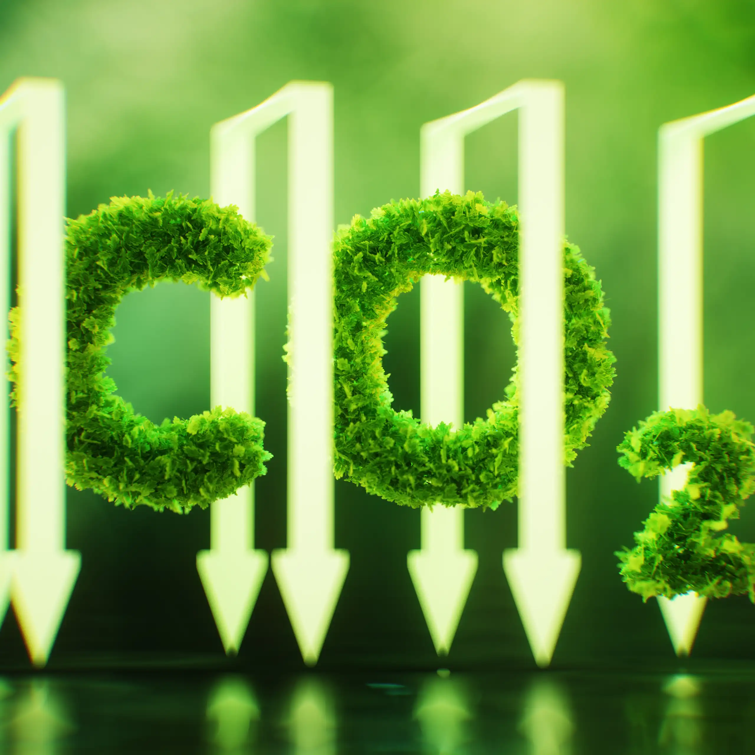 Imagen del símbolo del CO2 con aspecto vegetal y flechas hacia abajo