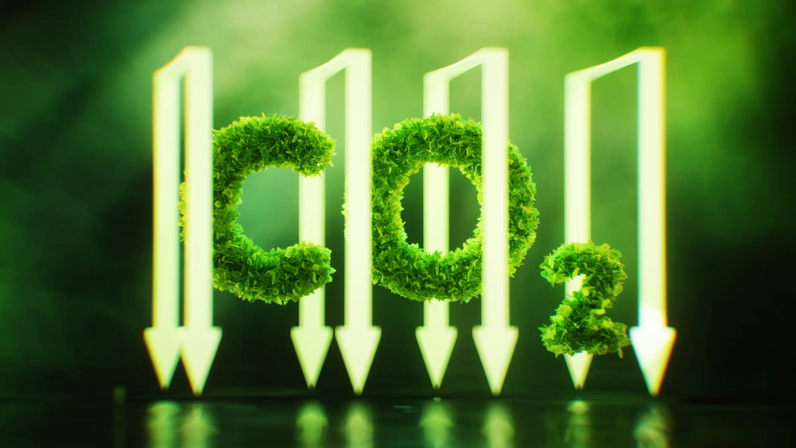 Imagen del símbolo del CO2 con aspecto vegetal y flechas hacia abajo