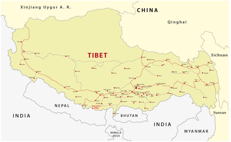 A map of Tibet and surrounding countries.