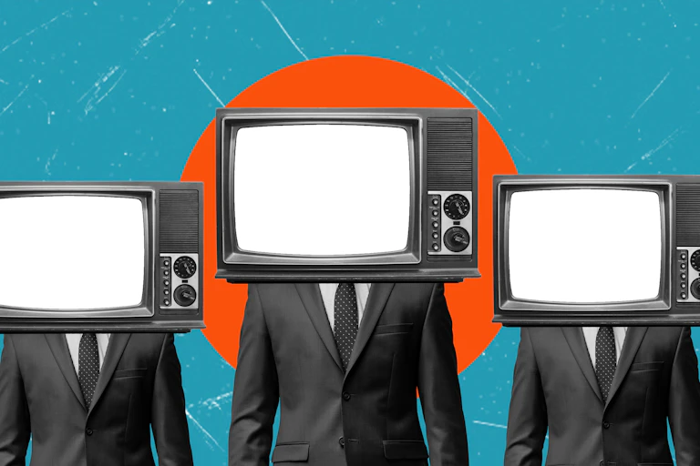 An illustration of three human figures in suits with TV screens for heads.